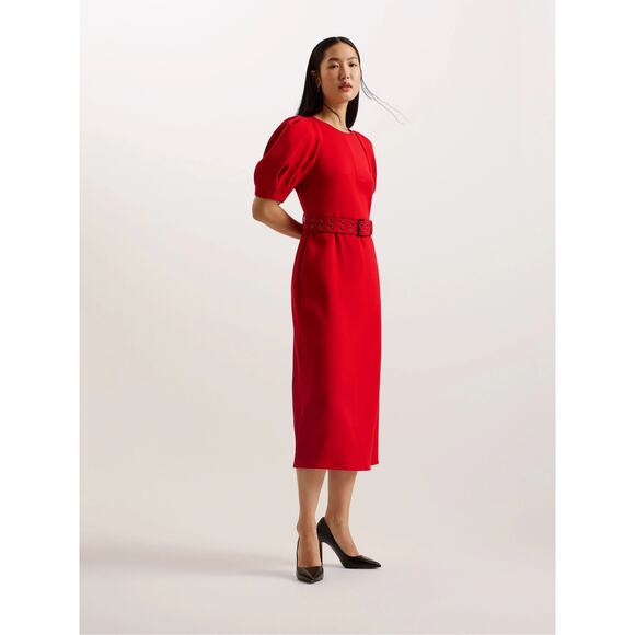 NWT Ted‎ Baker Red Gabyela Puff Sleeve Midi Dress With Belt Size 1 (4 US) - Picture 1 of 12